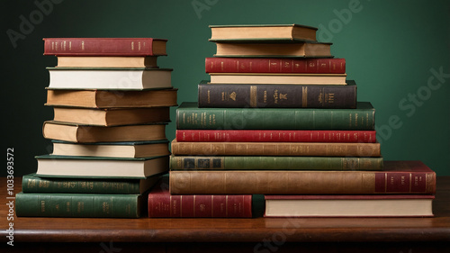 Stack of books on a wooden table against a green gradient background, evoking knowledge and learning.