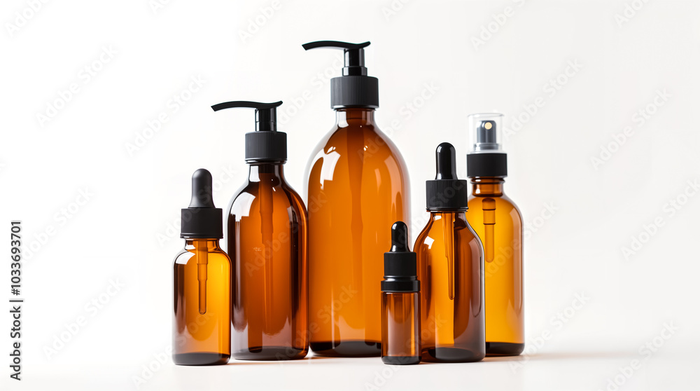 Amber Glass Bottles. Pump Bottles. Dropper Bottles. Set of Amber Glass Bottles for Cosmetics, Essential Oils, or Aromatherapy isolated on White Amber Glass Bottles. Pump Bottles. Dropper Bottles. Set of Amber Glass Bottles for Cosmetics, Essential Oils, or Aromatherapy isolated on White