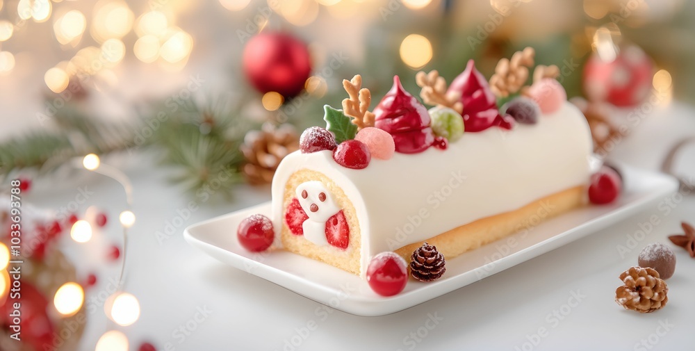 horizontal image, front view of cute Christmas cake and decorations. For banner, design, card, flyer, invitation, blog, menu, restaurant, social media, interior, recipe book horizontal image, front view of cute Christmas cake and decorations. For banner, design, card, flyer, invitation, blog, menu, restaurant, social media, interior, recipe book