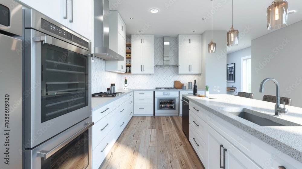 Fototapeta premium A modern kitchen with white cabinetry, concrete countertops