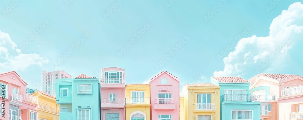 Pastel colored row houses against a blue sky. Pastel colored row houses against a blue sky.