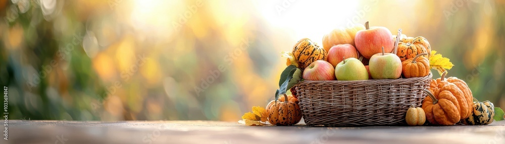 Colorful basket filled with fresh fruits and pumpkins, soft sunlight background Colorful basket filled with fresh fruits and pumpkins, soft sunlight background