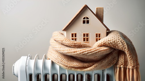 House model in a woolen scarf. House figure wrapped in a warm scarf on a heater. Concept: warm house, heating, heat saving.