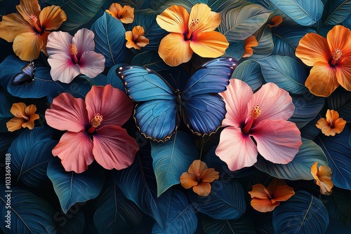 A vibrant tropical background with large leaves and pink hibiscus flowers, featuring colorful butterflies in various sizes. 