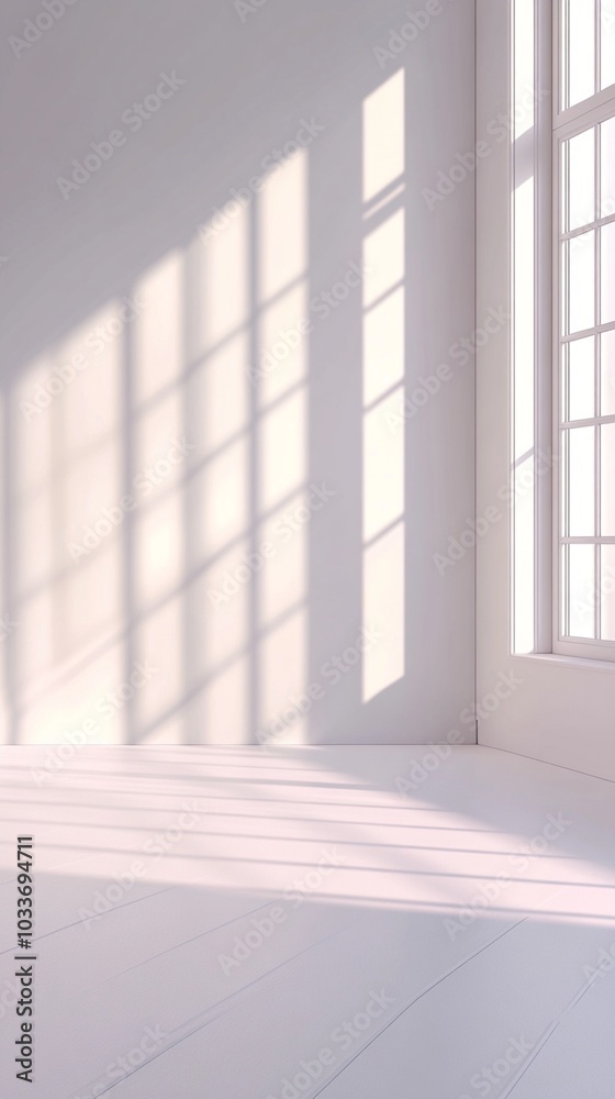 Sunlight streaming through large windows casts geometric shadows on pristine white walls, creating a serene and minimalist interior space. Sunlight streaming through large windows casts geometric shadows on pristine white walls, creating a serene and minimalist interior space.