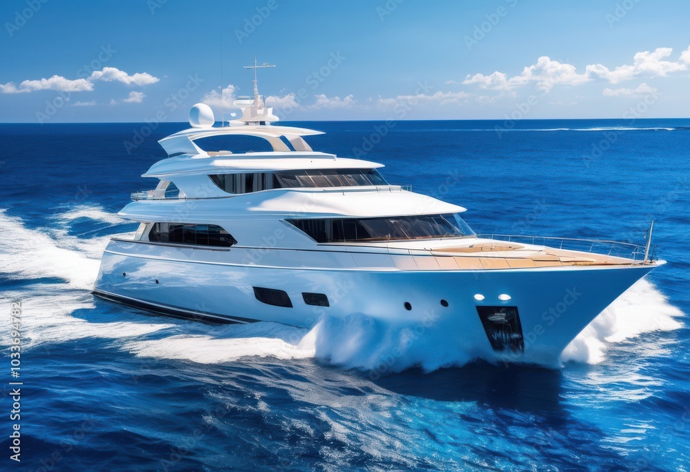 Fototapeta premium vibrant ocean waves crashing luxury yacht surrounded bright blue sky sunlight serene seascape, beach, water, marine, boat, cruise, aerial, summer, clouds