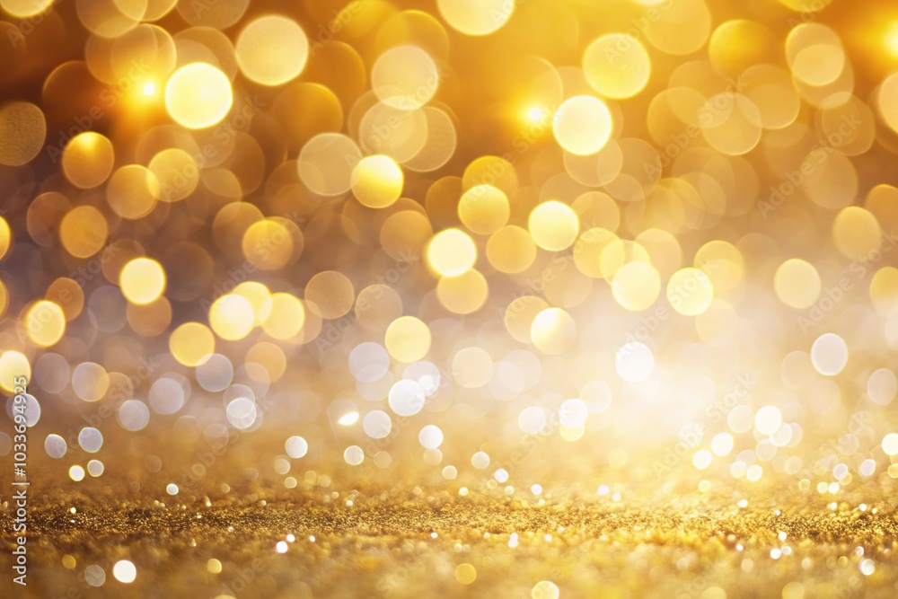 Low angle white bokeh blur background with circle light on yellow background, light gold sparkle background Low angle white bokeh blur background with circle light on yellow background, light gold sparkle background