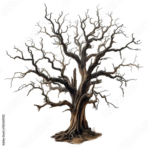 Realistic Bare Tree with Gnarled Branches on Transparent Background, PNG