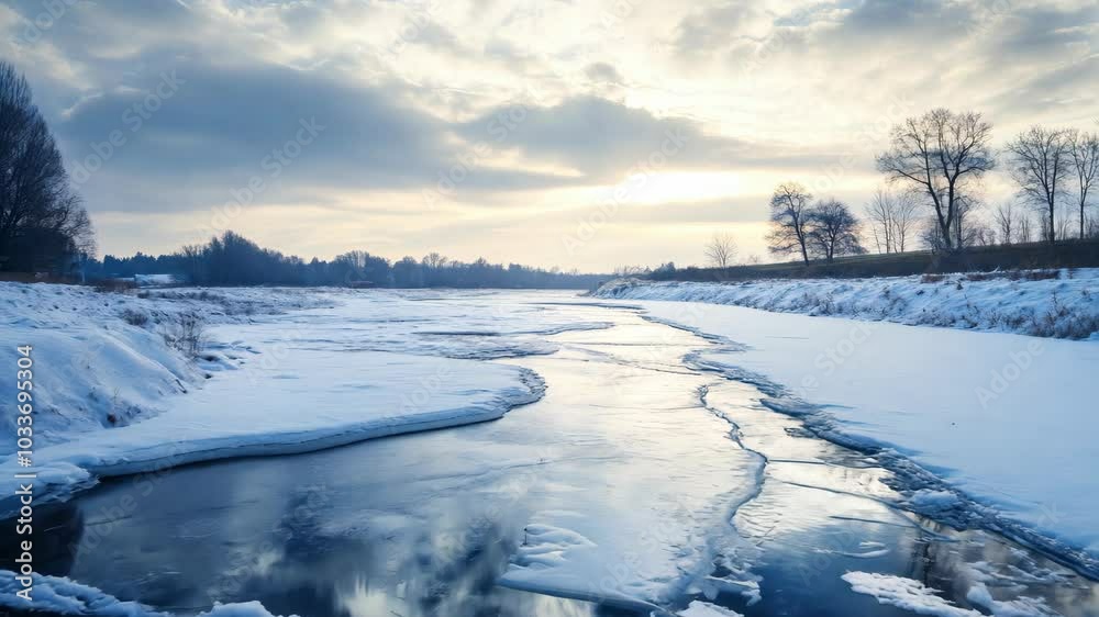 Frozen river winding through winter landscape with icy stillness Frozen river winding through winter landscape with icy stillness