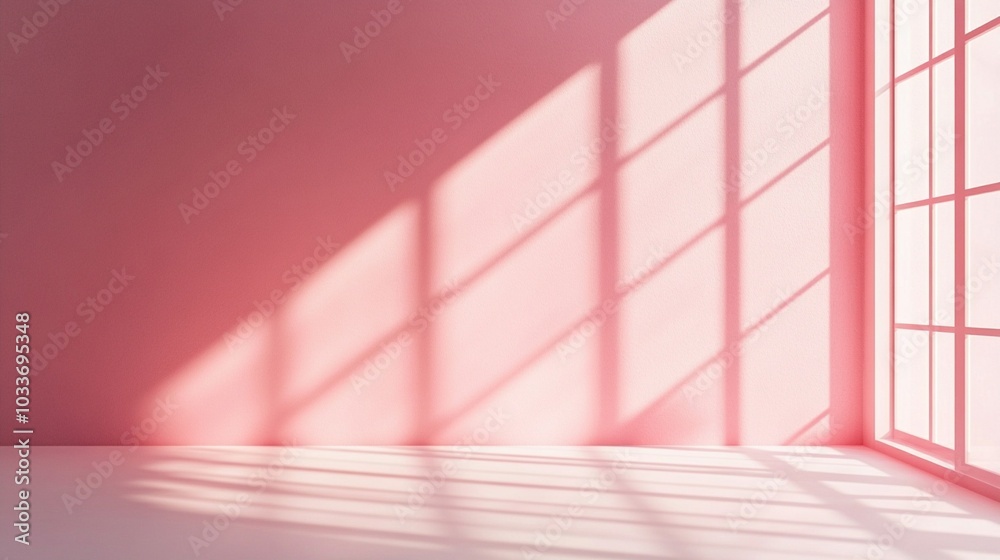 Soft pink sunlight casts geometric shadows through large windows onto a minimalist interior, creating a serene and dreamy atmosphere in an empty room.