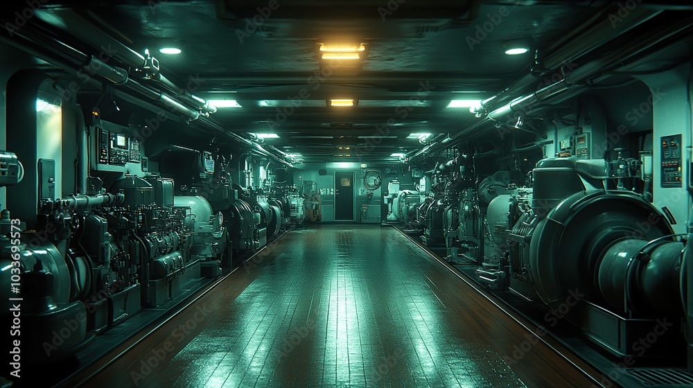 Fototapeta premium Industrial machinery in a dimly lit corridor.