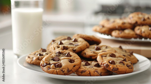 Vegan chocolate chip cookies neatly arranged in a bright kitchen with a glass of almond milk. A delicious snack for breakfast or before bed time photo