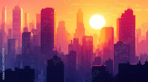 Stylized cityscape silhouettes against a vibrant sunset sky: Dynamic urban lifestyle backdrop in warm tones. High-resolution design for real estate themes.