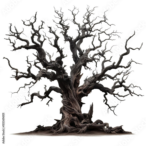 Ancient Twisted Tree with Dramatic Roots and Branches on Isolated Transparent Background, PNG