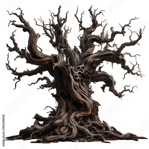 Ancient Gnarled Tree with Skull Faces and Haunted Roots on Isolated Transparent Background, PNG