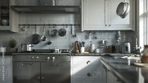 Wallpaper Mural A sleek kitchen featuring white cabinets, soapstone countertops Torontodigital.ca