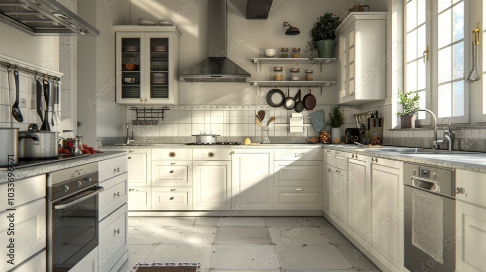 A sleek kitchen featuring white cabinets, soapstone countertops