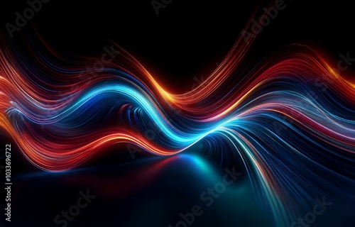 Abstract glowing blue and red lines form waves against a black background.