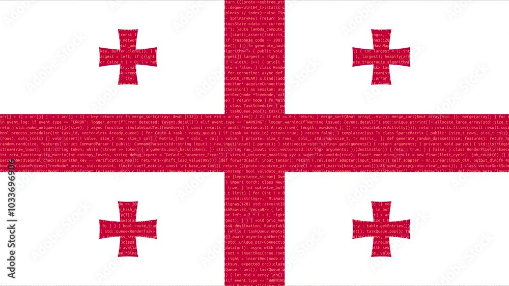 Binary code on flag of Georgia. Program source code or Hacker concept on Georgian flag. Georgia digital technology security, hacking or programming Binary code on flag of Georgia. Program source code or Hacker concept on Georgian flag. Georgia digital technology security, hacking or programming