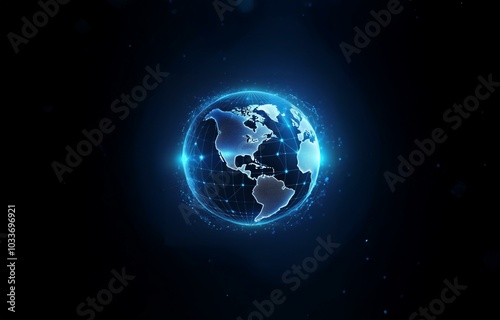 A glowing, blue globe with a web of connections, against a dark, speckled background.