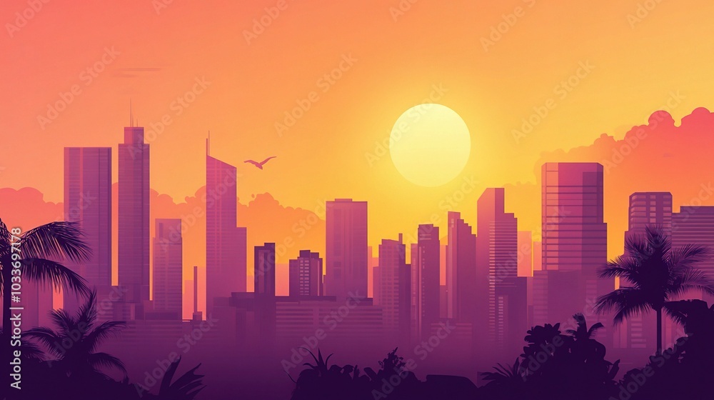 Fototapeta premium Vibrant Sunset Over Modern Cityscape