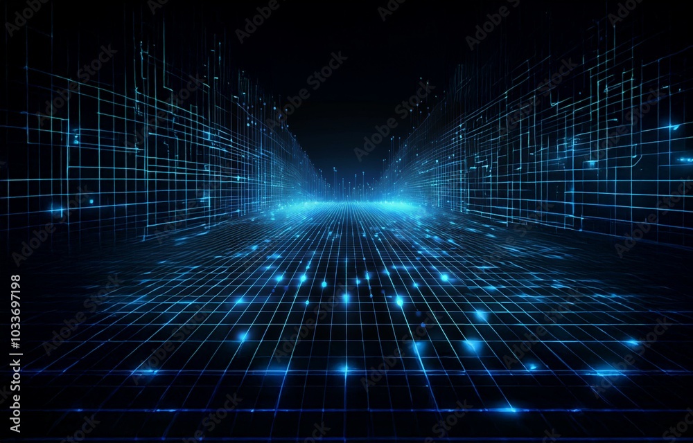 A digital, blue, glowing grid creates a sense of depth and perspective. A digital, blue, glowing grid creates a sense of depth and perspective.
