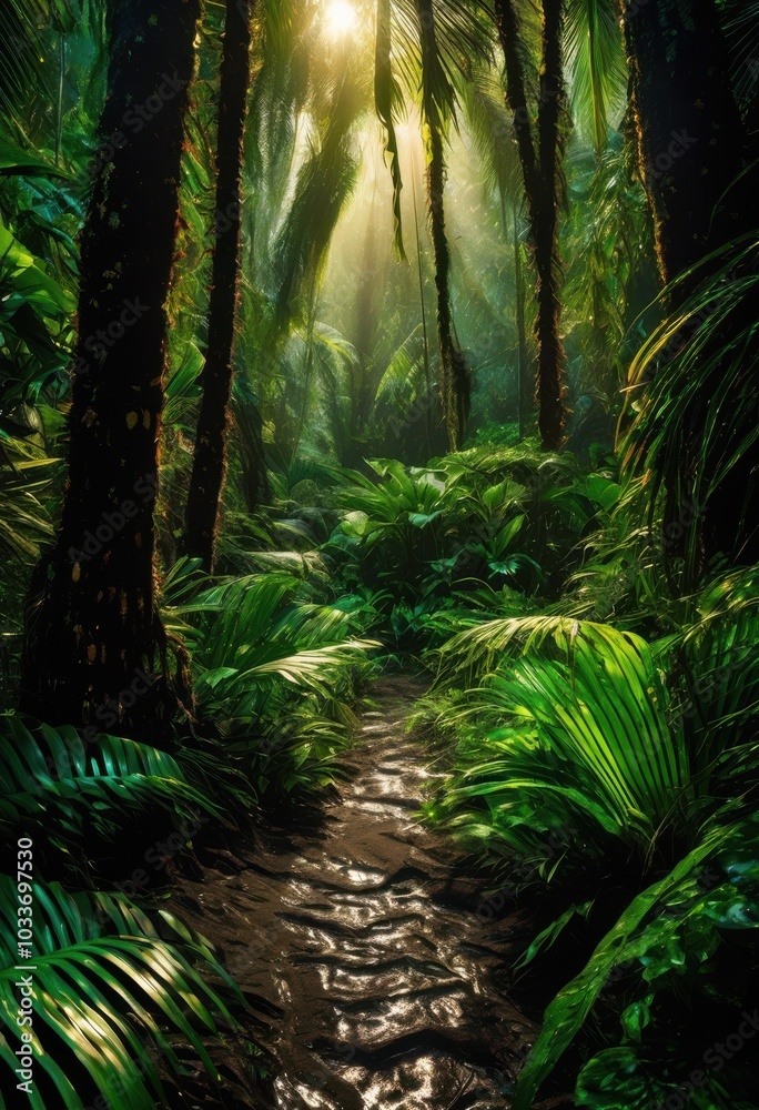 lush jungle scenes highlighting vibrant greenery distinctive animal footprints exotic wildlife, adventure, biodiversity, biozone, brightness, foliage, flora lush jungle scenes highlighting vibrant greenery distinctive animal footprints exotic wildlife, adventure, biodiversity, biozone, brightness, foliage, flora