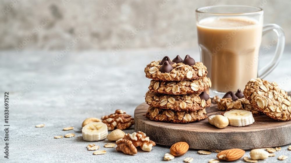 Homemade oatmeal cookies with chocolate chips stacked on wooden board, accompanied by glass of creamy coffee and assorted nuts. Cozy breakfast scene. Homemade oatmeal cookies with chocolate chips stacked on wooden board, accompanied by glass of creamy coffee and assorted nuts. Cozy breakfast scene.