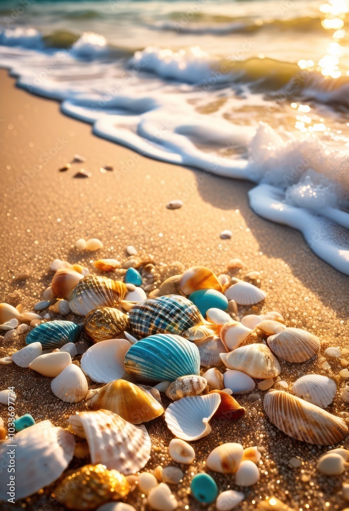 vibrant seashells scattered sandy shore ocean backdrop highlighting beautiful coastal landscape, beach, seashore, coastline, sands, tropical, marine, blue vibrant seashells scattered sandy shore ocean backdrop highlighting beautiful coastal landscape, beach, seashore, coastline, sands, tropical, marine, blue