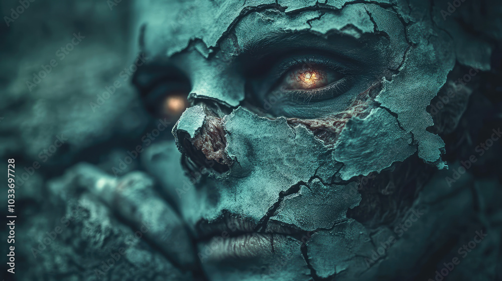 The ghost hollow, glowing eyes peer through its decayed face, with cracks in its peeling skin adding to the nightmarish scene. The ghost hollow, glowing eyes peer through its decayed face, with cracks in its peeling skin adding to the nightmarish scene.