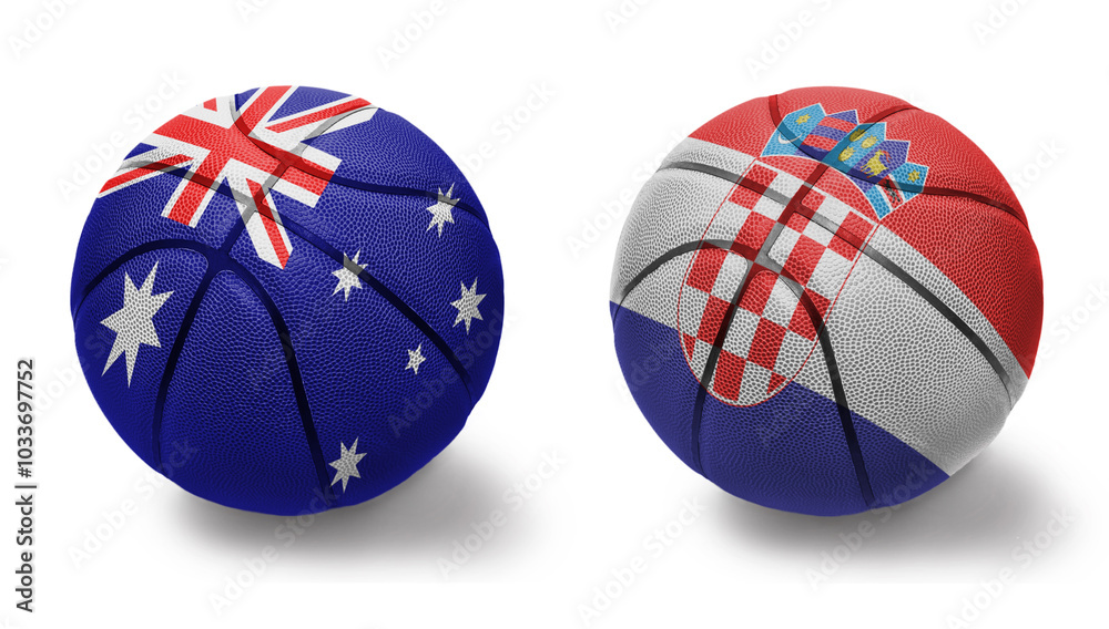 Obraz premium basketball balls with the national flags of croatia and australia on the white background.
