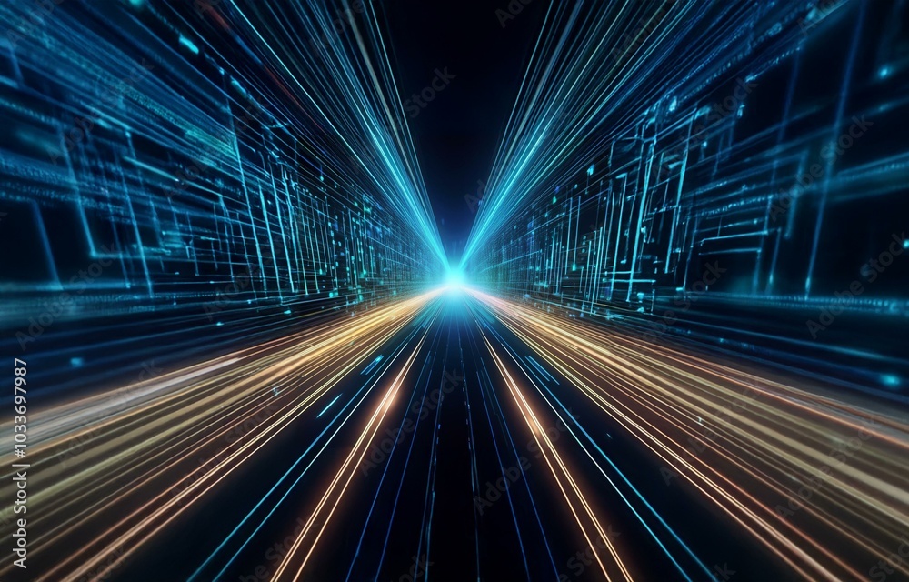 Abstract digital background of blue and orange lines converging into a vanishing point. Abstract digital background of blue and orange lines converging into a vanishing point.