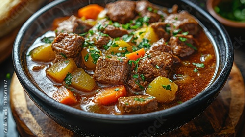 Rich Beef Stew in a Modern Black Bowl