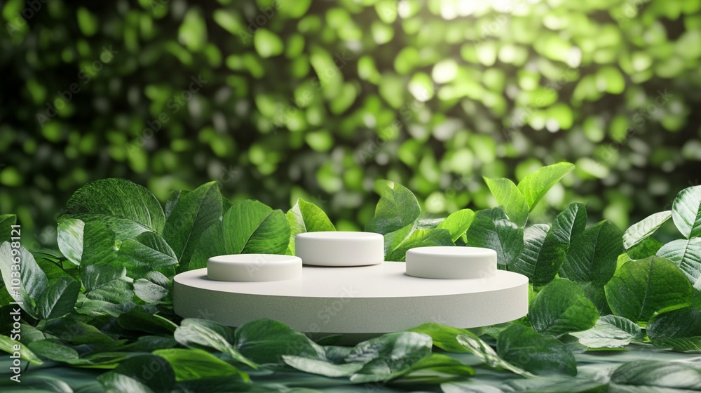 Minimalist white product display podium nestled among lush green foliage, creating a natural and eco-friendly backdrop for showcasing cosmetics or skincare items. Minimalist white product display podium nestled among lush green foliage, creating a natural and eco-friendly backdrop for showcasing cosmetics or skincare items.
