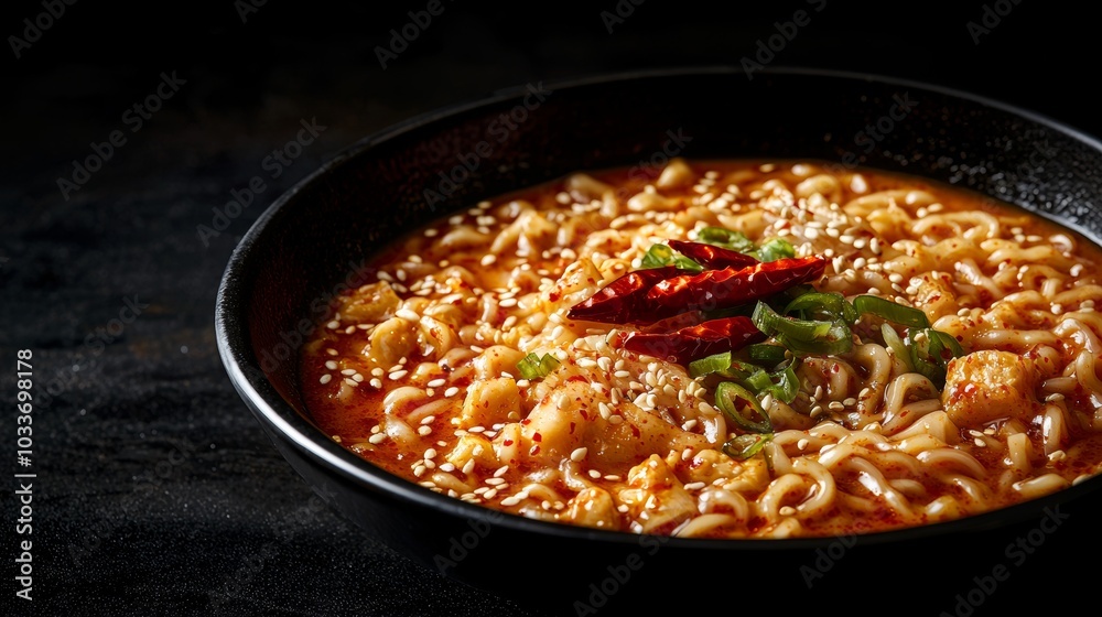 Spicy Korean Ramen in Black Bowl Close-Up Spicy Korean Ramen in Black Bowl Close-Up