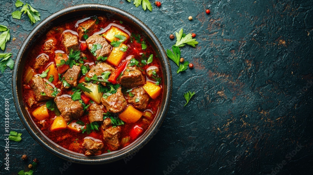 Overhead View of Hearty Beef Stew with Vegetables Overhead View of Hearty Beef Stew with Vegetables