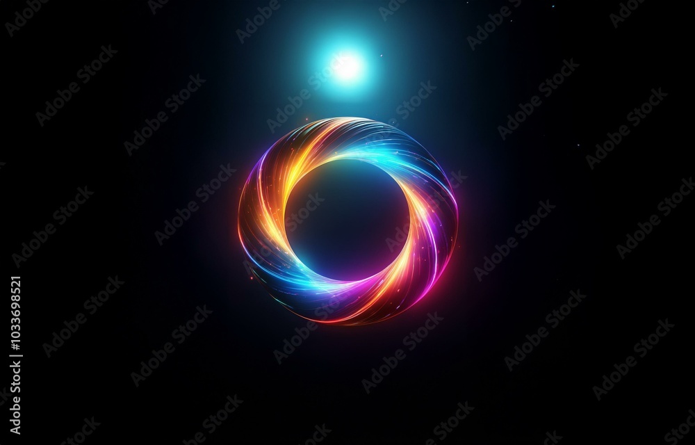 A glowing ring of light, with a bright blue light source above, is the focus in this abstract image. A glowing ring of light, with a bright blue light source above, is the focus in this abstract image.
