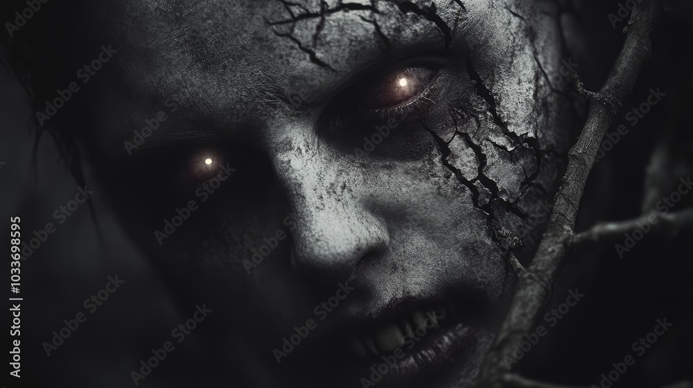 The ghost glowing eyes are hollow and haunting, its decayed, twisted face cracked and peeling in an unsettling close-up. The ghost glowing eyes are hollow and haunting, its decayed, twisted face cracked and peeling in an unsettling close-up.