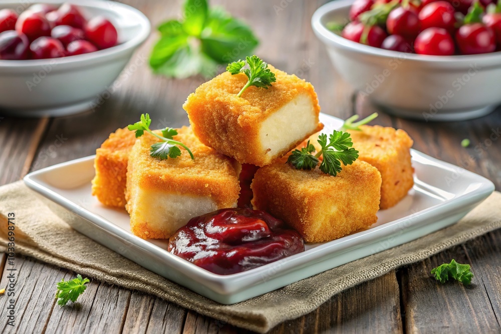 Point of view shot of deep fried cheese square served with cranberry sauce, delicious homemade appetizer Point of view shot of deep fried cheese square served with cranberry sauce, delicious homemade appetizer