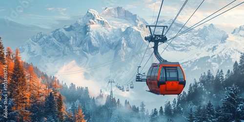 A picturesque scene of a cable car traversing snowy mountains, showcasing the beauty of winter landscapes. This image captures the adventure and thrill of skiing and snowboarding, making it ideal for 