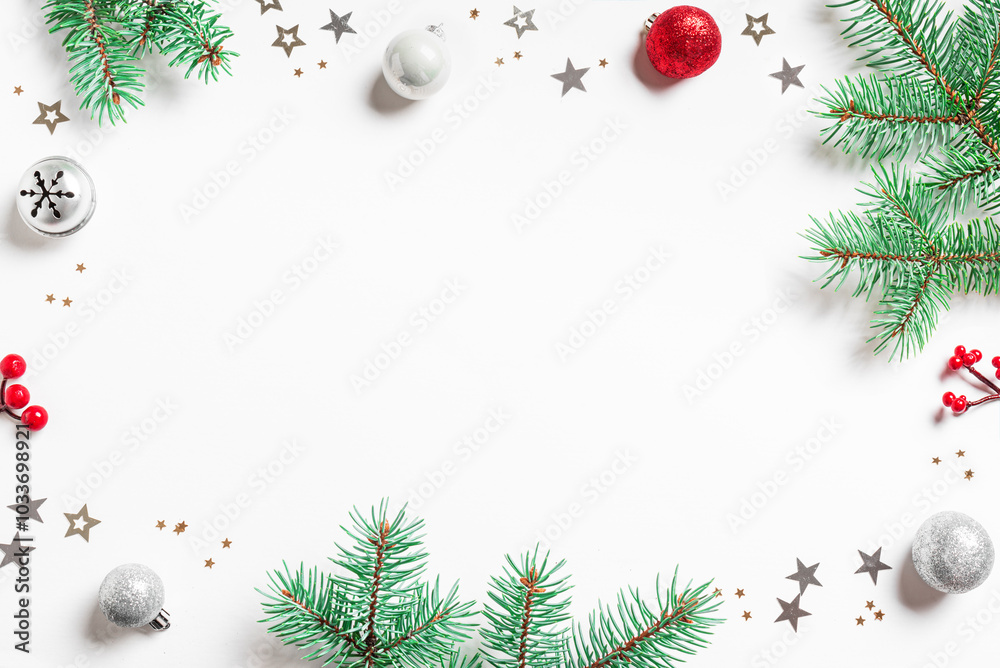 Christmas Background with pine branches and silver stars Christmas Background with pine branches and silver stars