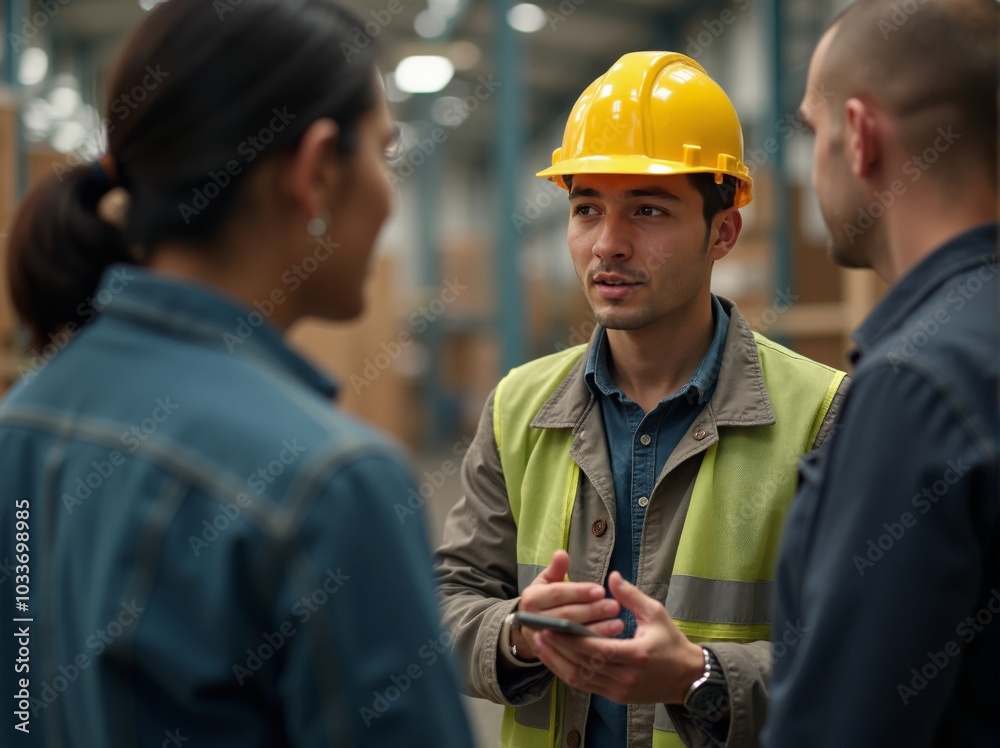 Team meeting in a warehouse with a worker explaining safety protocols and procedures in daylight Team meeting in a warehouse with a worker explaining safety protocols and procedures in daylight