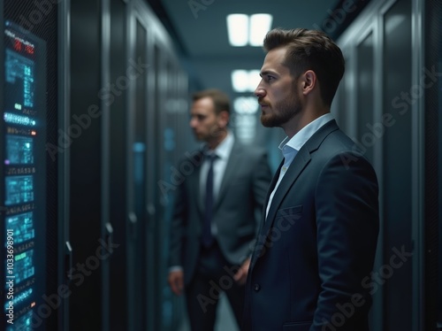 Business professionals examining server racks in a modern data center during the evening hours