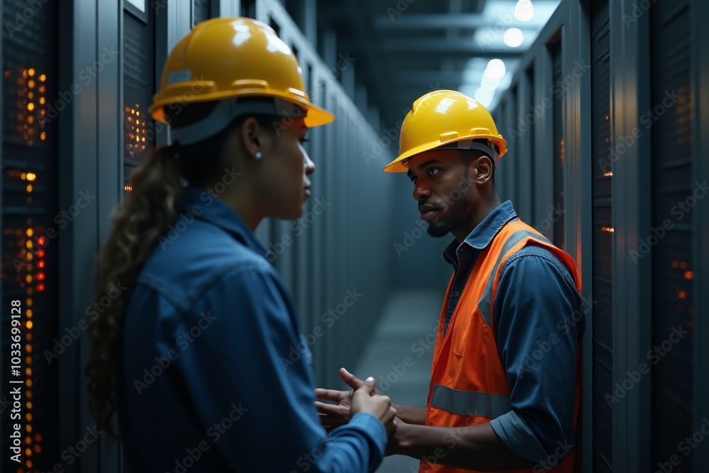 Diverse engineers team discussing project details in high-tech server room during evening hours Diverse engineers team discussing project details in high-tech server room during evening hours