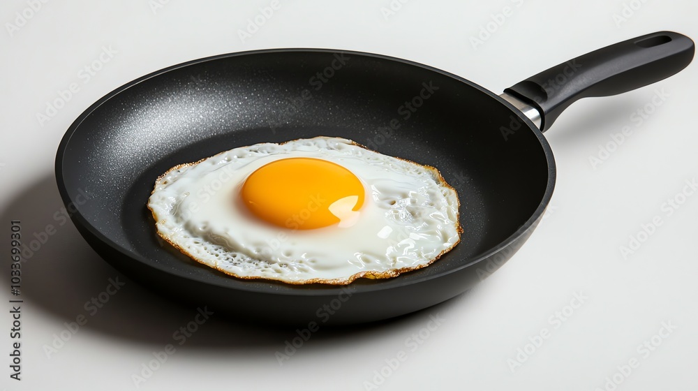 A perfectly cooked fried egg in a black pan on a white countertop. A perfectly cooked fried egg in a black pan on a white countertop.