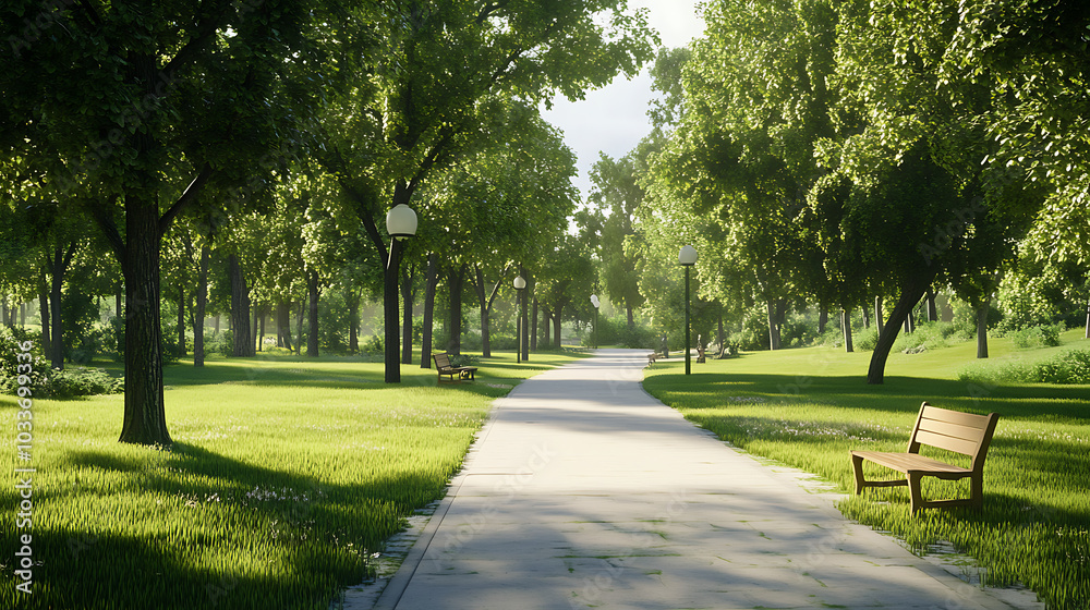 Fototapeta premium Sunny Park with Lush Greenery and Peaceful Atmosphere