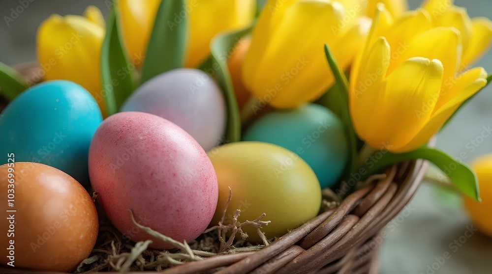 Easter wicker basket with dyed eggs and yellow tulips. Cogicception Easter Easter wicker basket with dyed eggs and yellow tulips. Cogicception Easter