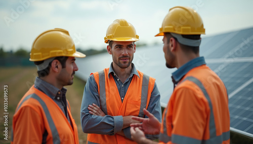 Construction workers discuss project details while enjoying sunny day near solar panels at job site