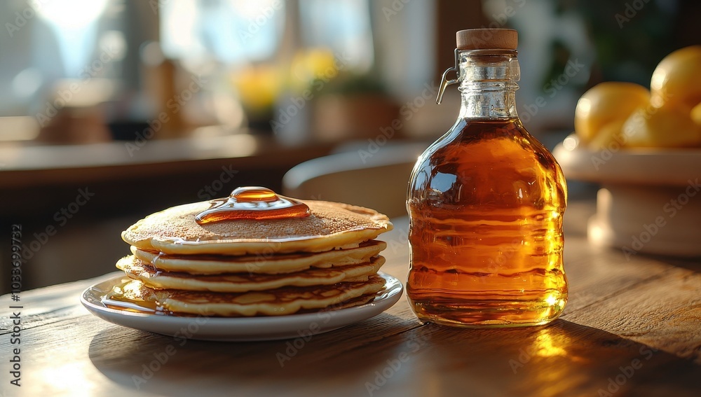 Stack of pancakes with maple syrup. Concept of breakfast, homemade food, and sweet treat. Stack of pancakes with maple syrup. Concept of breakfast, homemade food, and sweet treat.
