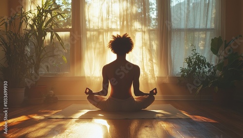 Silhouette of a woman meditating in front of a sunny window. Concept of mindfulness, relaxation, and inner peace.